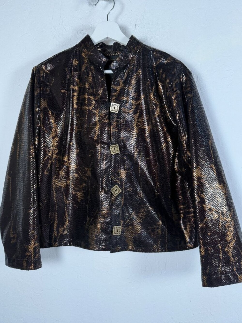 Vintage Ann Maurice Womens Brown Gold Snake Print Metallic Jacket Ornate Buttons